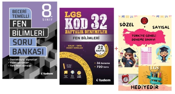 TUDEM YAYINLARI LGS FEN BİLİMLERİ BECERİ TEMELLİ SORU BANKASI - FEN BİLİMLERİ KOD 32 HAFTALIK DENEMELER- HEDİYE ürün görseli