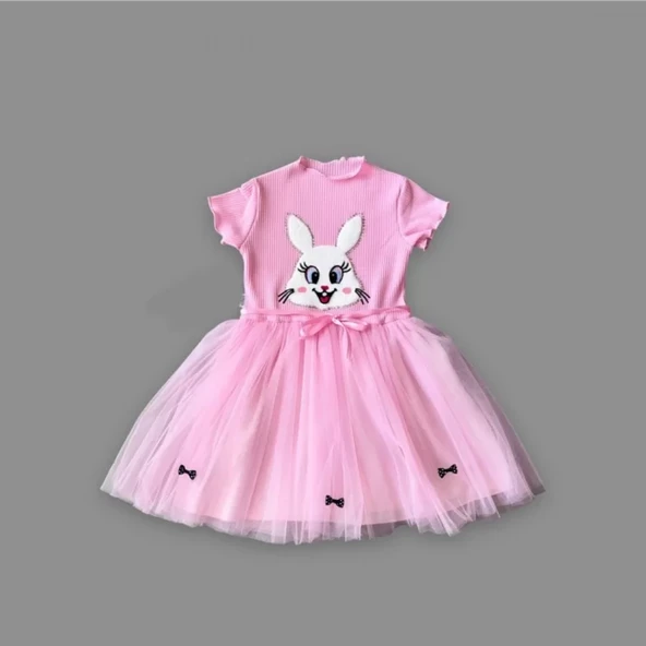 Petli Tavşan Baskılı Kız Çocuk Elbisesi Pembe - 4