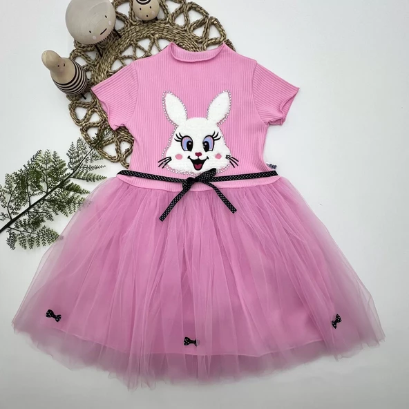 Petli Tavşan Baskılı Kız Çocuk Elbisesi Pembe - 2