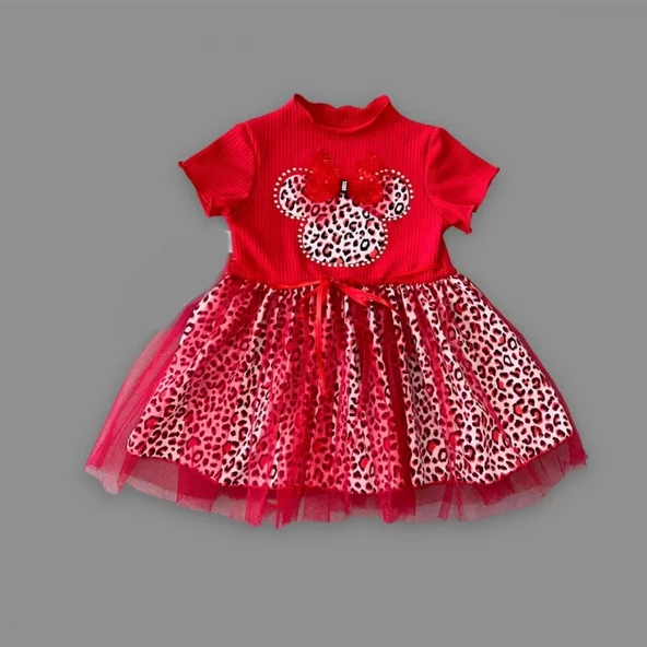 Fiyonklu Mickey Astarlı Etekli Kız Bebek Tütü Elbisesi Kırmızı - 4