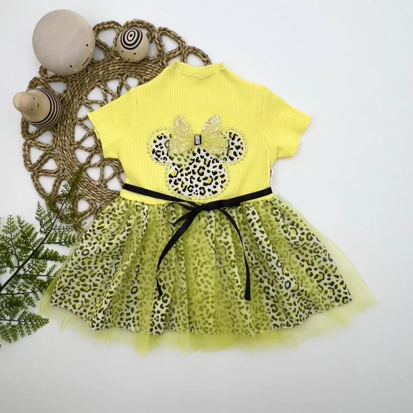 Fiyonklu Mickey Astarlı Etekli Kız Bebek Tütü Elbisesi Sarı - Resim 2