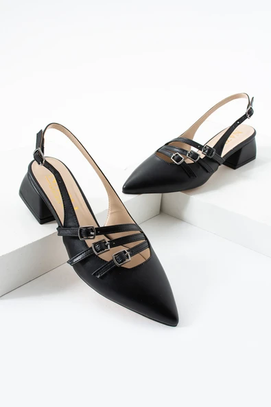Albishoes Kadın Kare Topuk 4 Cm Toka Detaylı Arkası Açık Sivri Burun İş Ofis Günlük Kadın Ayakkabı - 4