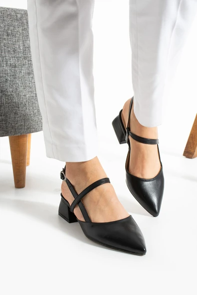 Albishoes Kadın Kare Topuk 4 Cm Tokalı Şerit Bant Arkası Açık Sivri Burun Şık Günlük Kadın Ayakkabı - 2