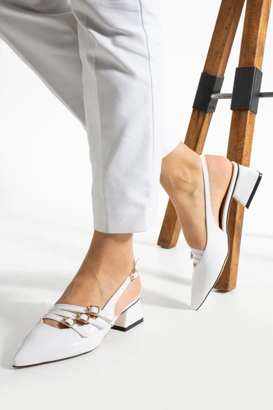 Albishoes Kare Topuk 4 Cm Rugan Toka Detaylı Arkası Açık Sivri Burun İş Ofis Günlük Kadın Ayakkabı - 3