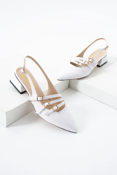 Albishoes Kare Topuk 4 Cm Rugan Toka Detaylı Arkası Açık Sivri Burun İş Ofis Günlük Kadın Ayakkabı - 4