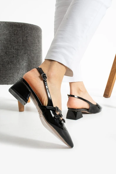 Albishoes Kare Topuk 4 Cm Rugan Toka Detaylı Arkası Açık Sivri Burun İş Ofis Günlük Kadın Ayakkabı - 3