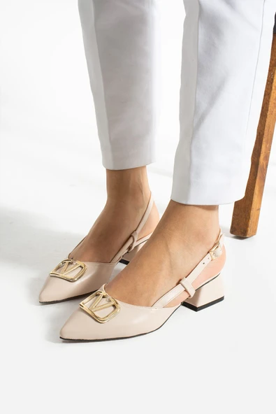 Albishoes Kadın Kare Topuklu 4 CM Sivri Burun Arkası Açık V Toka Detay İş Ofis Günlük Kadın Ayakkabı - 3