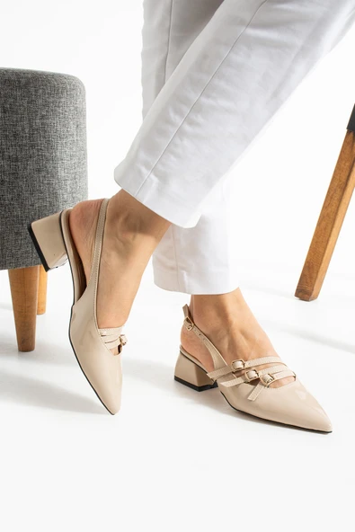 Albishoes Kare Topuk 4 Cm Rugan Toka Detaylı Arkası Açık Sivri Burun İş Ofis Günlük Kadın Ayakkabı - 2