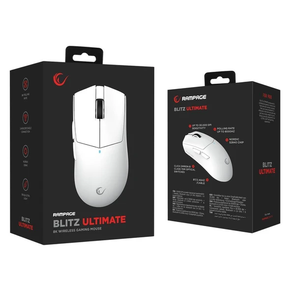 Rampage BLITZ ULTIMATE 8K BT+Wired+2.4G Beyaz Kablosuz PAW3950 NORDIC 52840 MCU Gaming Oyuncu Mouse - 8