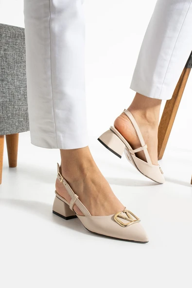 Albishoes Kadın Kare Topuklu 4 CM Sivri Burun Arkası Açık V Toka Detay İş Ofis Günlük Kadın Ayakkabı - 2