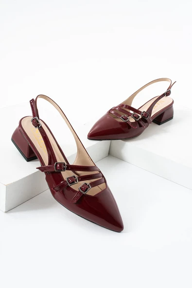 Albishoes Kare Topuk 4 Cm Rugan Toka Detaylı Arkası Açık Sivri Burun İş Ofis Günlük Kadın Ayakkabı - 4