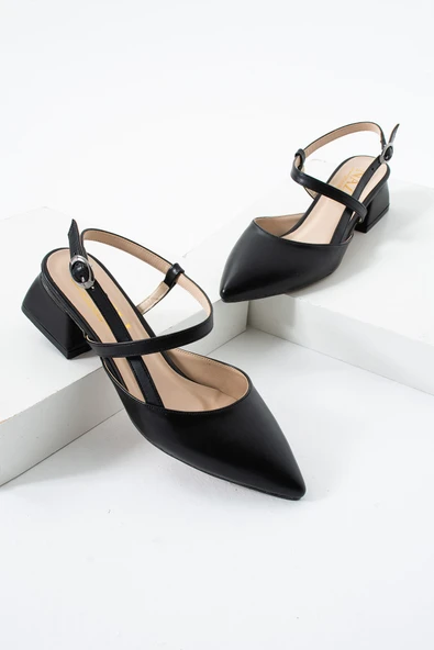 Albishoes Kadın Kare Topuk 4 Cm Tokalı Şerit Bant Arkası Açık Sivri Burun Şık Günlük Kadın Ayakkabı - 4