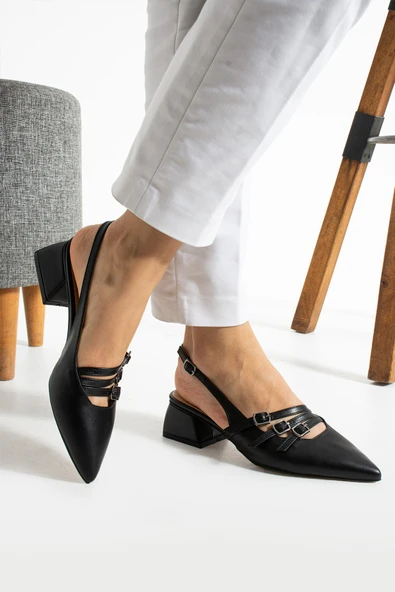 Albishoes Kadın Kare Topuk 4 Cm Toka Detaylı Arkası Açık Sivri Burun İş Ofis Günlük Kadın Ayakkabı - 2