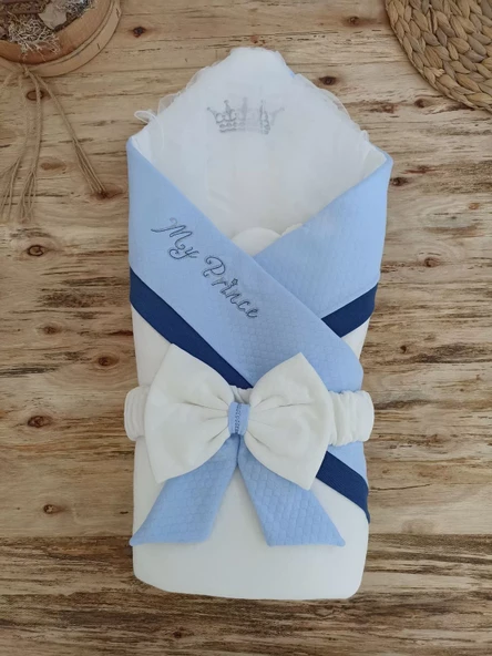 Yenidoğan Bal Peteği My Prince Taç Nakışlı Delüks Kundak Bebek Battaniyesi Mavi - 2