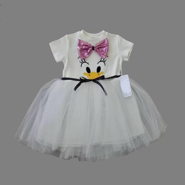Pet Fiyonk Tokalı Ördek Nakışlı Astarlı Kız Bebek Tütü Elbisesi Beyaz - 2