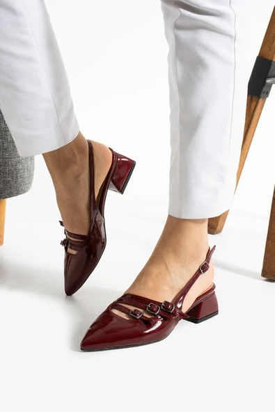 Albishoes Kare Topuk 4 Cm Rugan Toka Detaylı Arkası Açık Sivri Burun İş Ofis Günlük Kadın Ayakkabı - 2