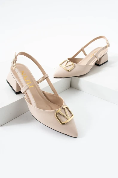 Albishoes Kadın Kare Topuklu 4 CM Sivri Burun Arkası Açık V Toka Detay İş Ofis Günlük Kadın Ayakkabı - 4