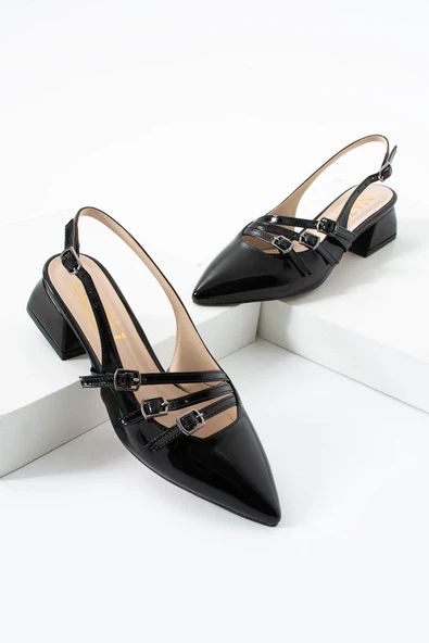 Albishoes Kare Topuk 4 Cm Rugan Toka Detaylı Arkası Açık Sivri Burun İş Ofis Günlük Kadın Ayakkabı - 4