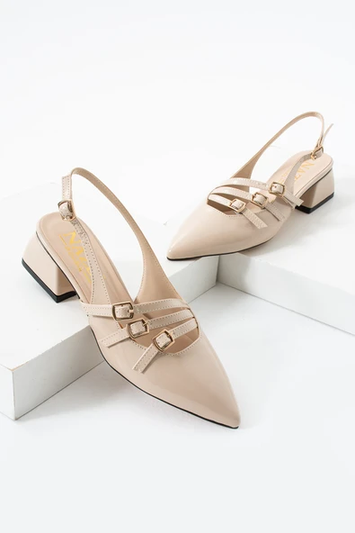 Albishoes Kare Topuk 4 Cm Rugan Toka Detaylı Arkası Açık Sivri Burun İş Ofis Günlük Kadın Ayakkabı - 4