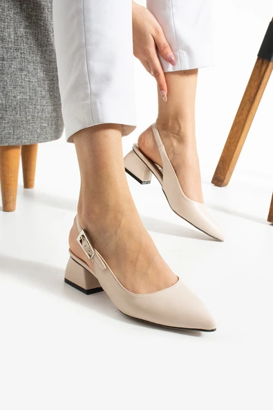 Albishoes Kadın Kare Topuk 4 Cm Arkası Açık Sivri Burun Şık İş Ofis Günlük Kadın Topuklu Ayakkabı