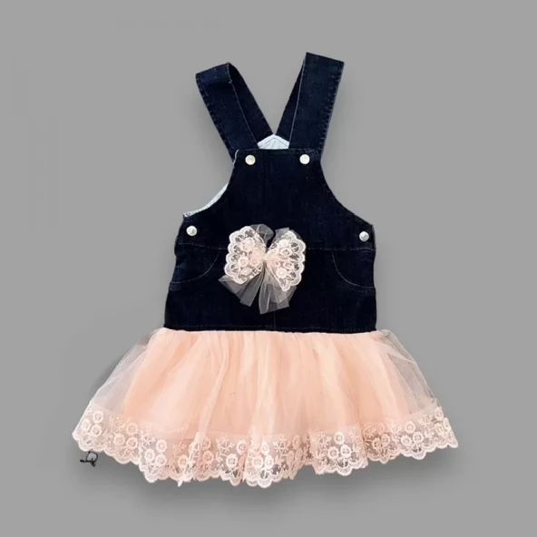 Fiyonklu Düğme Detaylı Tül Etek Kot Kumaş Salopet Kız Çocuk Elbisesi Lacivert-pudra - 4