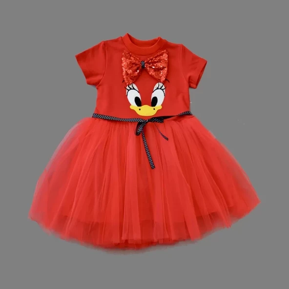 Pet Fiyonk Tokalı Ördek Nakışlı Astarlı Kız Bebek Tütü Elbisesi Kırmızı - Resim 3