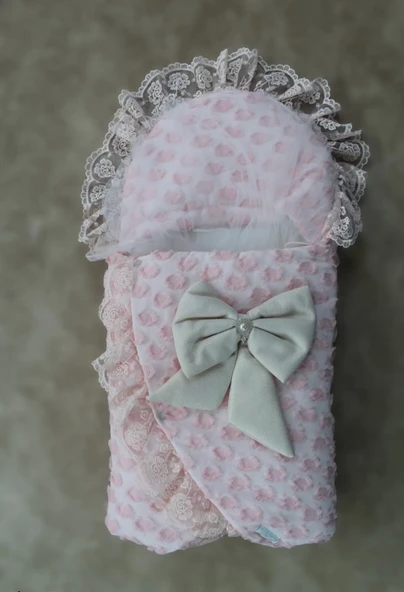 Yenidoğan Dörtlü Koza Dantelli Kız Kundak Bebek Battaniyesi Pembe - Resim 3