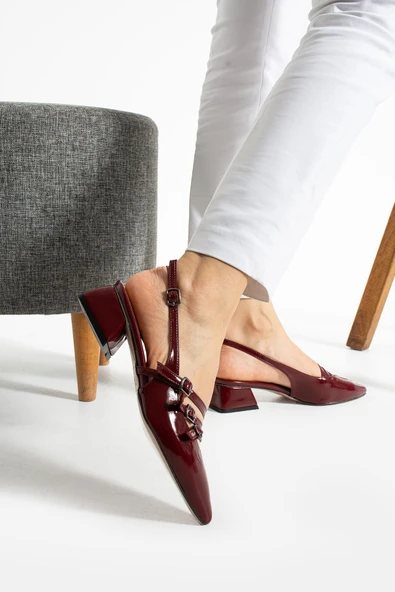 Albishoes Kare Topuk 4 Cm Rugan Toka Detaylı Arkası Açık Sivri Burun İş Ofis Günlük Kadın Ayakkabı - 3