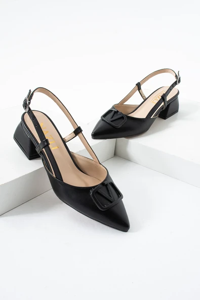 Albishoes Kadın Kare Topuklu 4 CM Sivri Burun Arkası Açık V Toka Detay İş Ofis Günlük Kadın Ayakkabı - 4