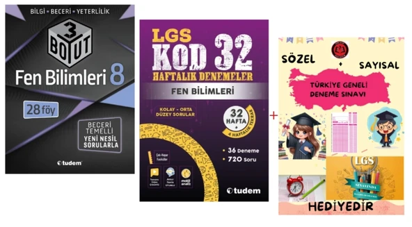 TUDEM YAYINLARI LGS FEN BİLİMLERİ 3 BOYUT BECERİ TEMELLİ SORU BANKASI - FEN BİLİMLERİ KOD 32 HAFTALIK DENEMELER - HEDİYE