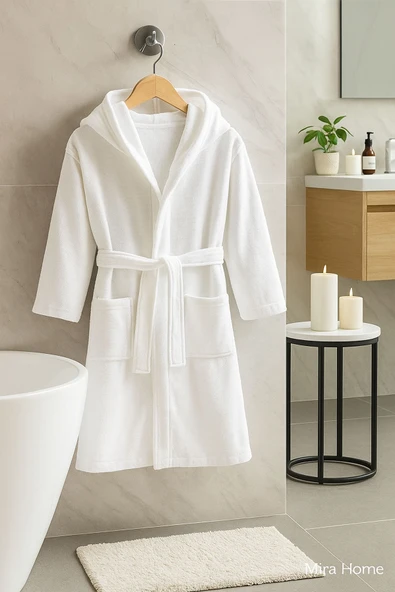 Kapüşonlu %100 Pamuklu Unisex Garson Boy Çocuk Banyo Bornozu 11-14 Yaş - 2