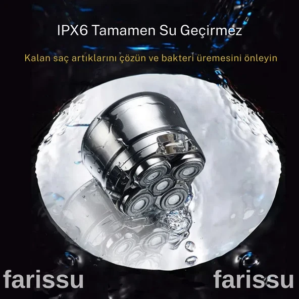 Kel Kafa Tıraş Makinesi RQ518 – Günlük, Sakal ve Baş Tıraşı İçin, 5 Başlıklı, USB Şarjlı, Su Geçirmez - 5