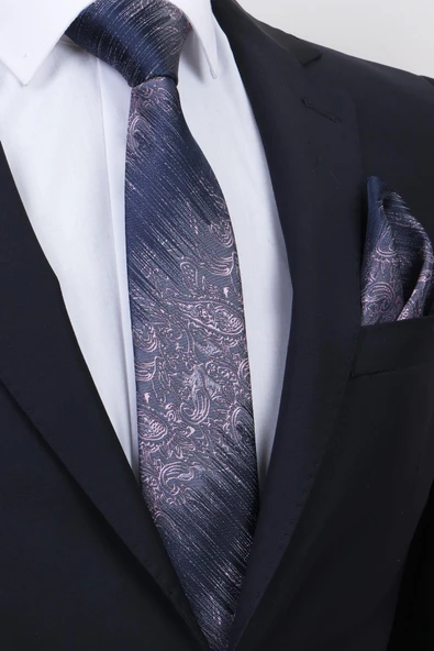 Esgue Hand Made 7.5 cm Pudra Pembe & Laci-Gri Desenli Mendilli Kravat