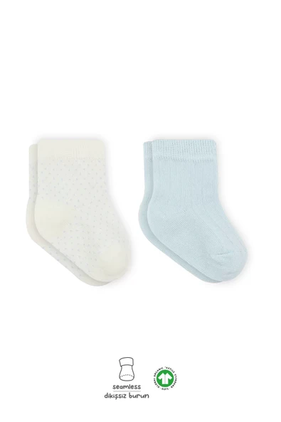 Organik 2li Puan Derby Penye Soket Çorap  Mavi Ekru - Resim 3