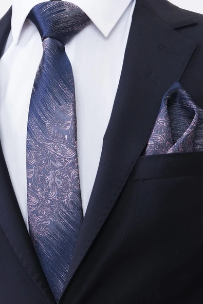 Esgue Hand Made 7.5 cm Pudra Pembe & Laci-Gri Desenli Mendilli Kravat - 2