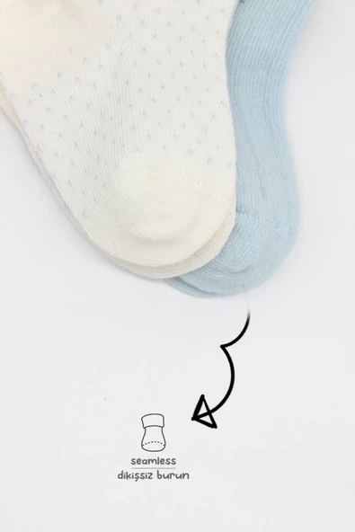Organik 2li Puan Derby Penye Soket Çorap  Mavi Ekru - Resim 6