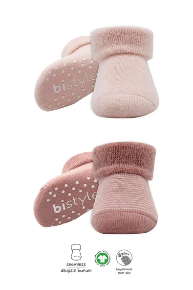 Çemberli Kaymaz Havlu Soket Çorap 2'li Bs10503 Pudra Pembe