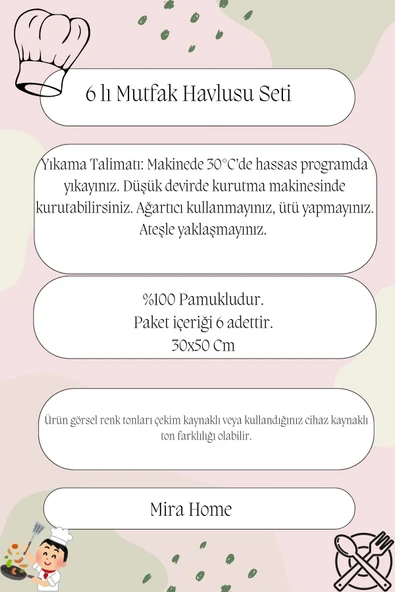 6'lı Mutfak Havlusu Seti 30x50 cm %100 Pamuklu Derya - 5