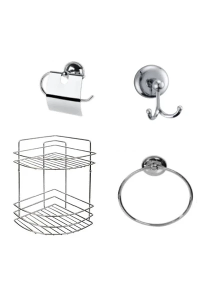 Yunuskayatek Krom 4 Parça Banyo Seti(2 Kademe Köşelik-Bornoz Askılığı-Kapaklı Tuvalet Kağıtlığı-Halka Havluluk) ürün görseli 1