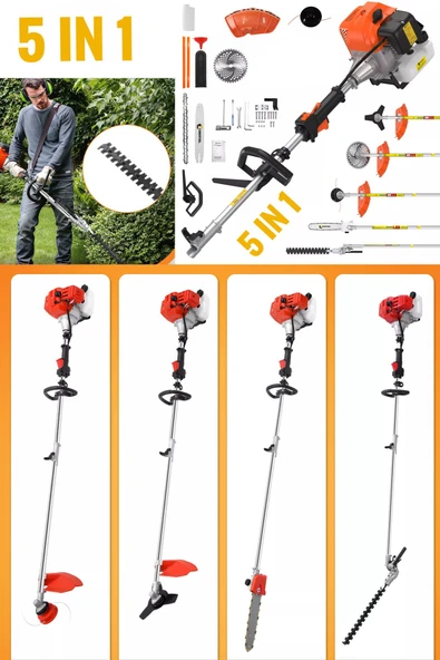Deko Multi 5IN1 5 Kafalı Benzinli Tırpan Zincirli Ot Çalı Biçme Testere Makinesi Budama Başlıklı