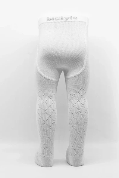 Tekli Ekose Kabartma Penye Külotlu Çorap Bs50105 Beyaz - Resim 5