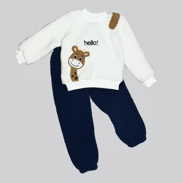 Hello Zürafa Nakışlı Kuzu Kumaş Sweat Pantolon Uzun Kollu Kız Erkek 2 Li Takımı - Resim 2