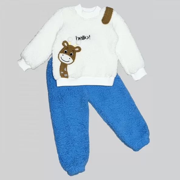 Hello Zürafa Nakışlı Kuzu Kumaş Sweat Pantolon Uzun Kollu Kız Erkek 2 Li Takımı