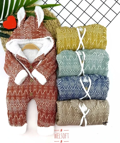 Düğme Kapamalı Kulaklı Kapşonlu Motif Desenli Örme Kumaş Kız Erkek Bebek Tulumu