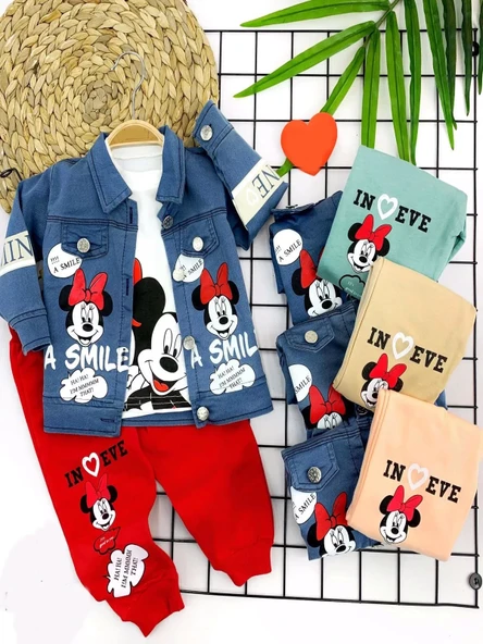 Kot Ceketli Bayan Mickey Baskılı 3lü Kız Bebek Takımı