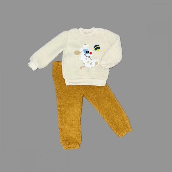 Toplu Köpek Nakışlı Kuzu Kumaş Sweat Pantolonlu Uzun Kollu Kız Erkek Bebek Takımı - Resim 3