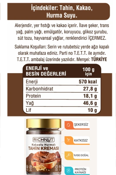 RİCHNUT Kakaolu Hurmalı Tahin Kreması (Şekersiz, Katkısız, %100 Doğal) - 3