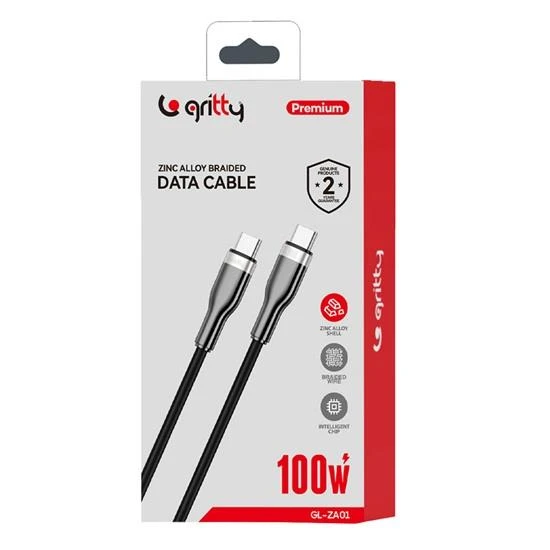 Gritty 100W Type-C to Type-c Örgülü 1 m Şarj Kablosu Siyah (GLZA01) - 2