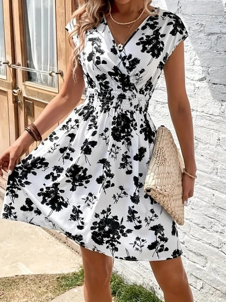 Lucky Life Kadın Kısa Kollu Kruvaze Yakalı çiçekli Desenli Süprem Elbise - Resim 4