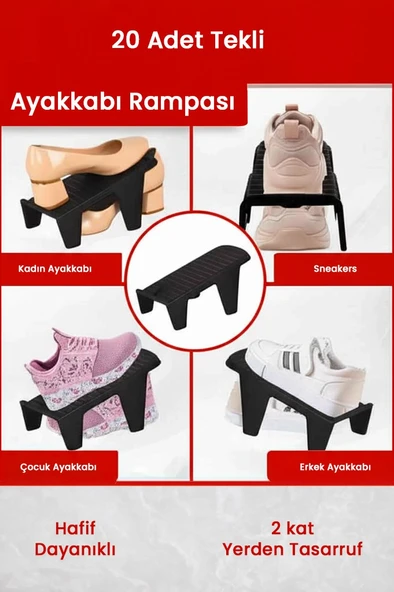20 Adet Tekli Ayakkabı Rampası, Dolap İçi Düzenleyici, 2 Kat Yer Açan Ayakkabılık Organizer